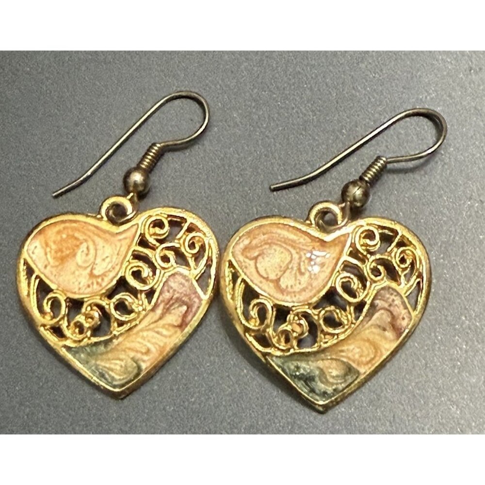 Vintage Earrings Dangle Drop Heart Filigree Swirl Enamel Made in Usa